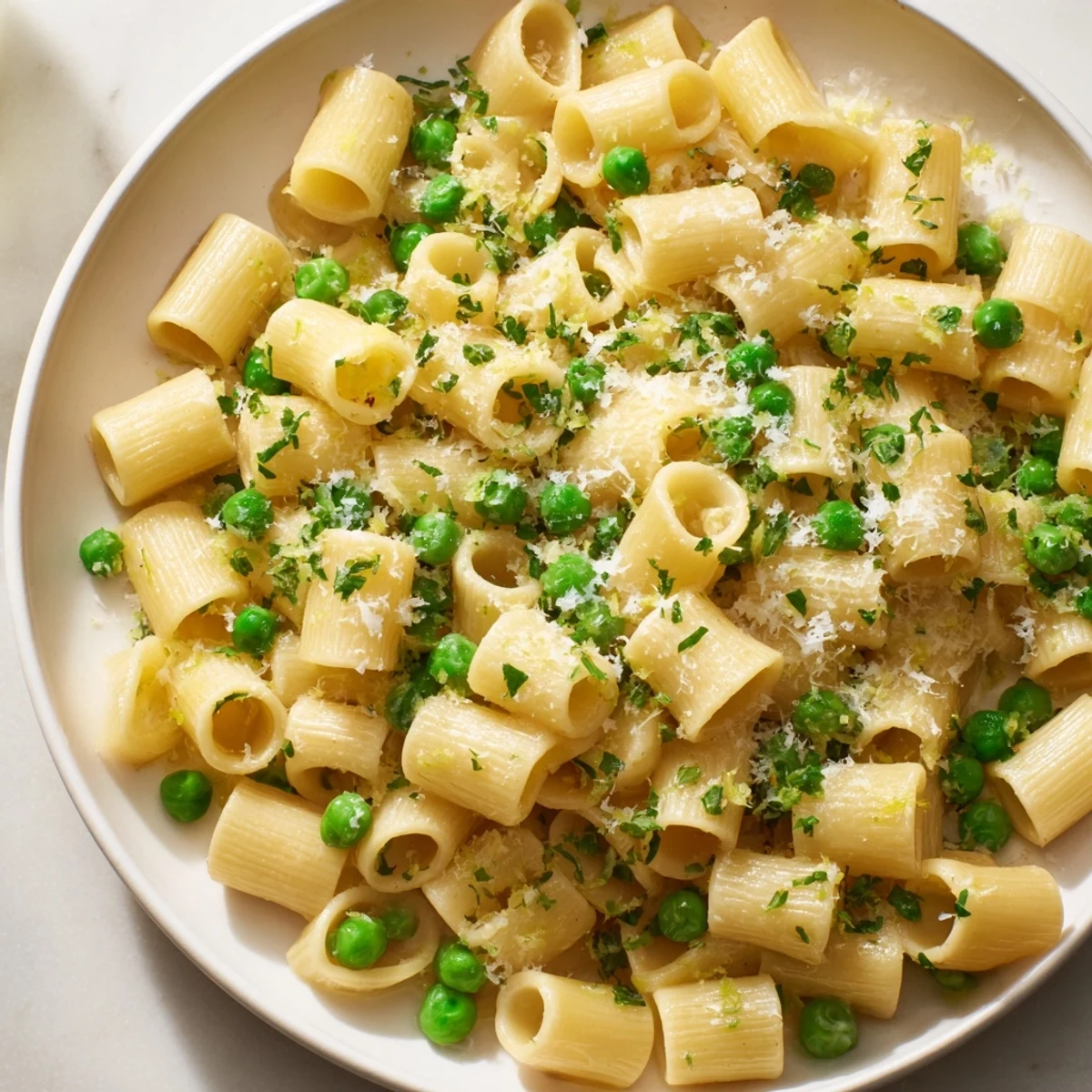 Steaming Garlic Butter Ditalini with Peas, a creamy pasta dish, is ready to serve alongside extra Parmesan.