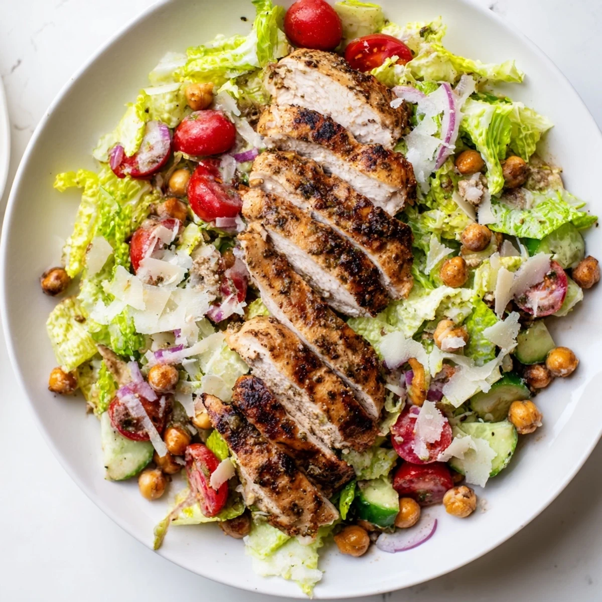 Grilled chicken Caesar Pasta-less Bowl with juicy tomatoes, romaine, and creamy Caesar dressing.
