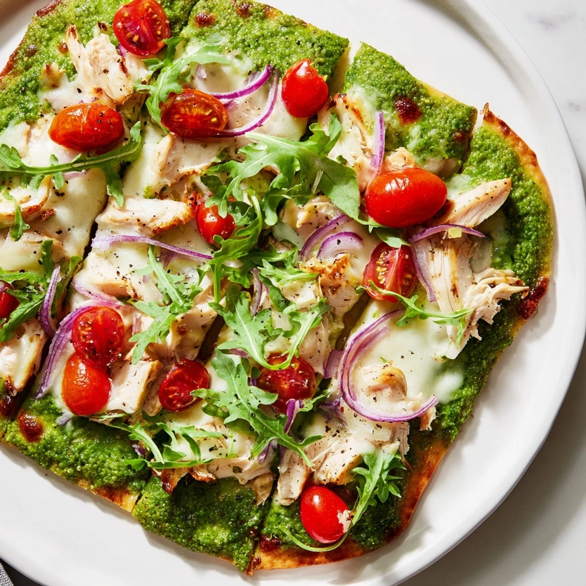 Homemade Pesto Chicken Flatbread: a warm flatbread base layered with pesto, mozzarella, and savory chicken.