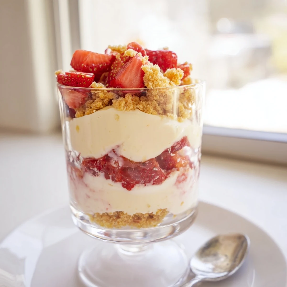 Creamy layers of Strawberry Cheesecake Parfait with fresh strawberries, perfect for a summer dessert.