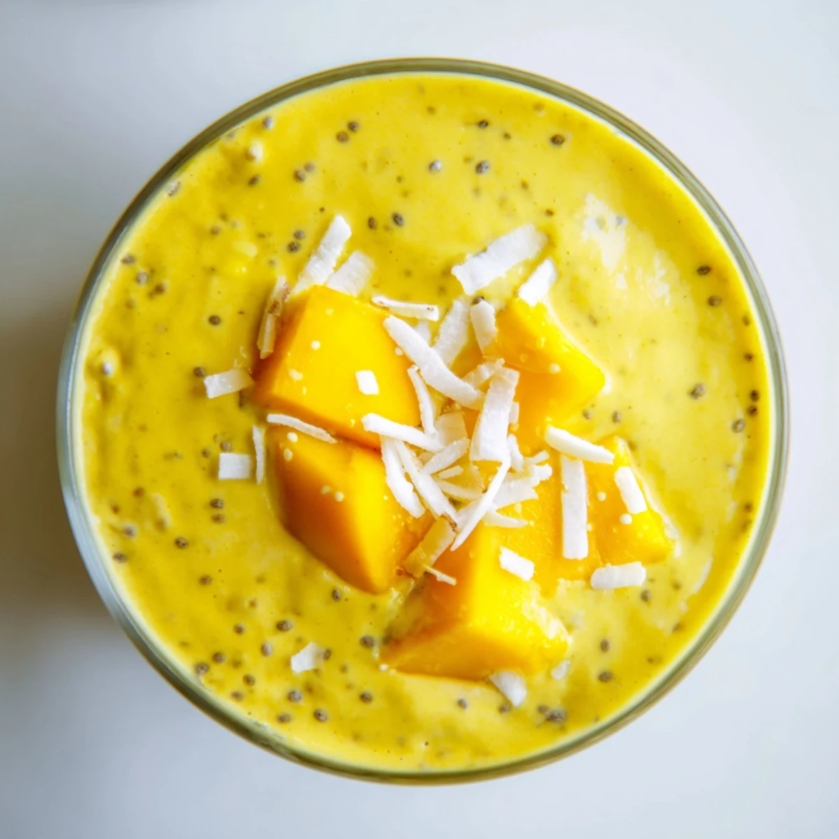 Bright yellow Mango Turmeric Smoothie, blended to perfection, offers a sweet and spicy flavor.