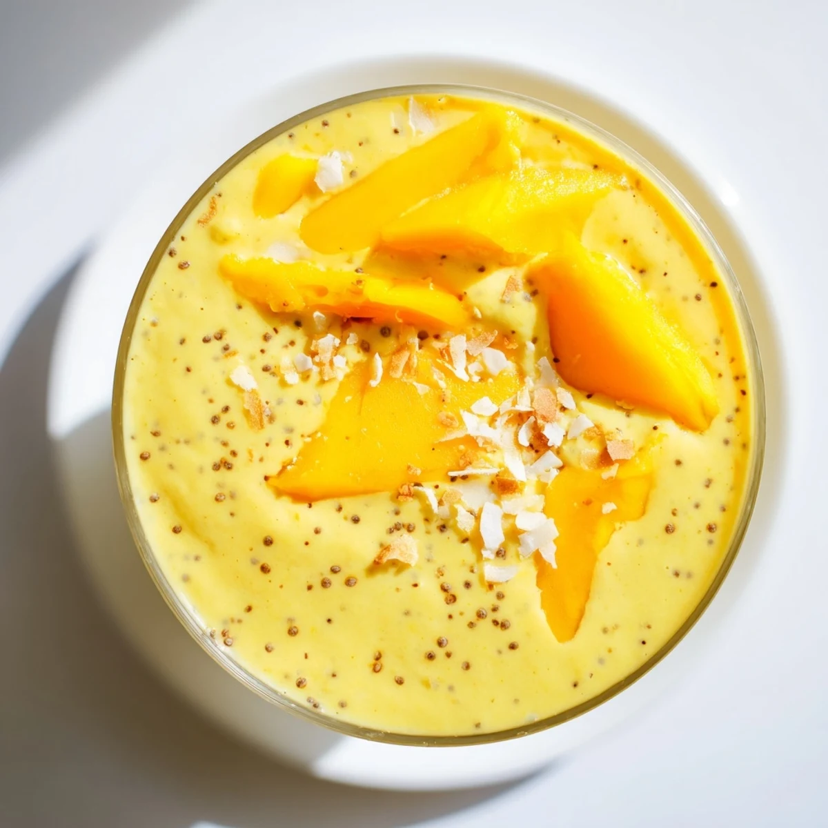 Creamy, golden Mango Turmeric Smoothie poured into a glass, garnished with tropical fruit.