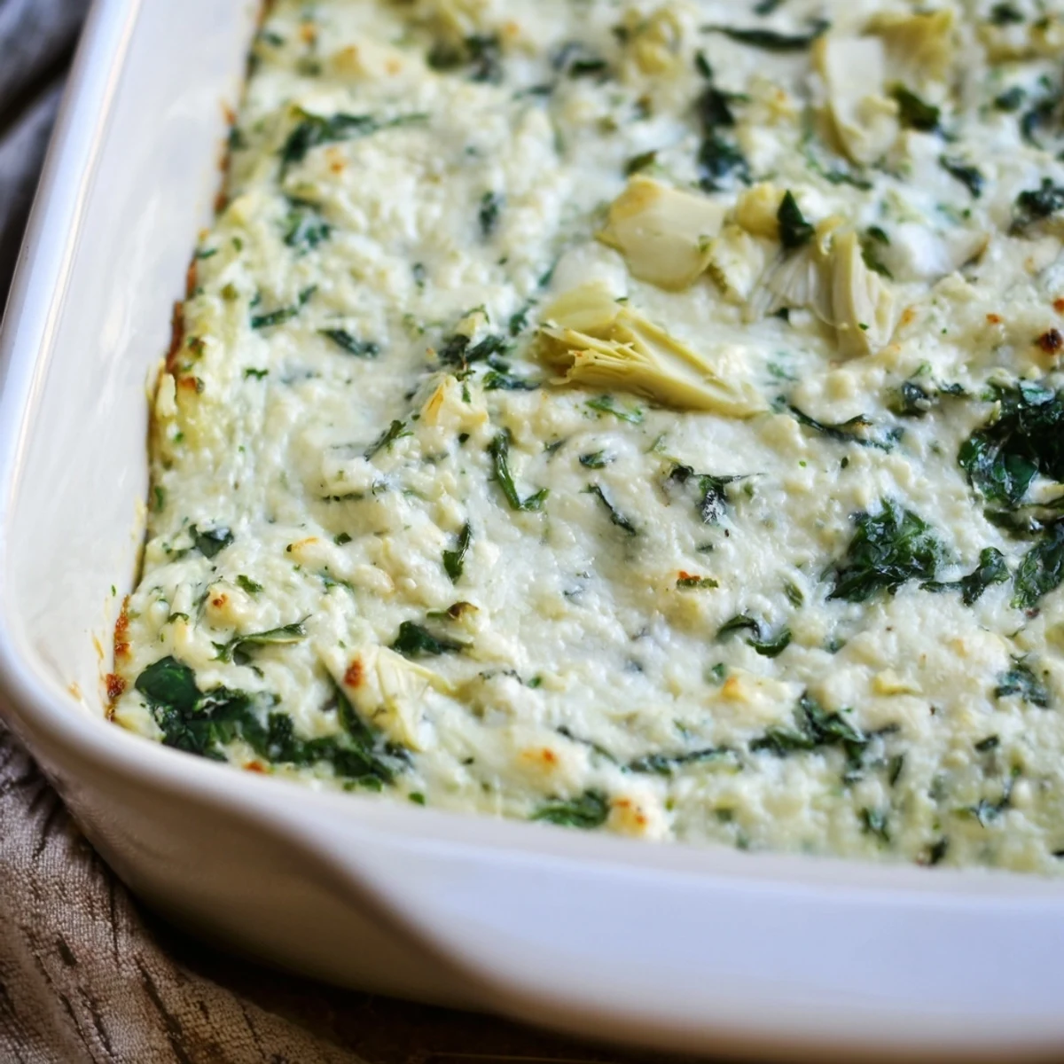 Warm, bubbly Cheesy Spinach Artichoke Dip, fresh from the oven, ready to serve with crispy chips.