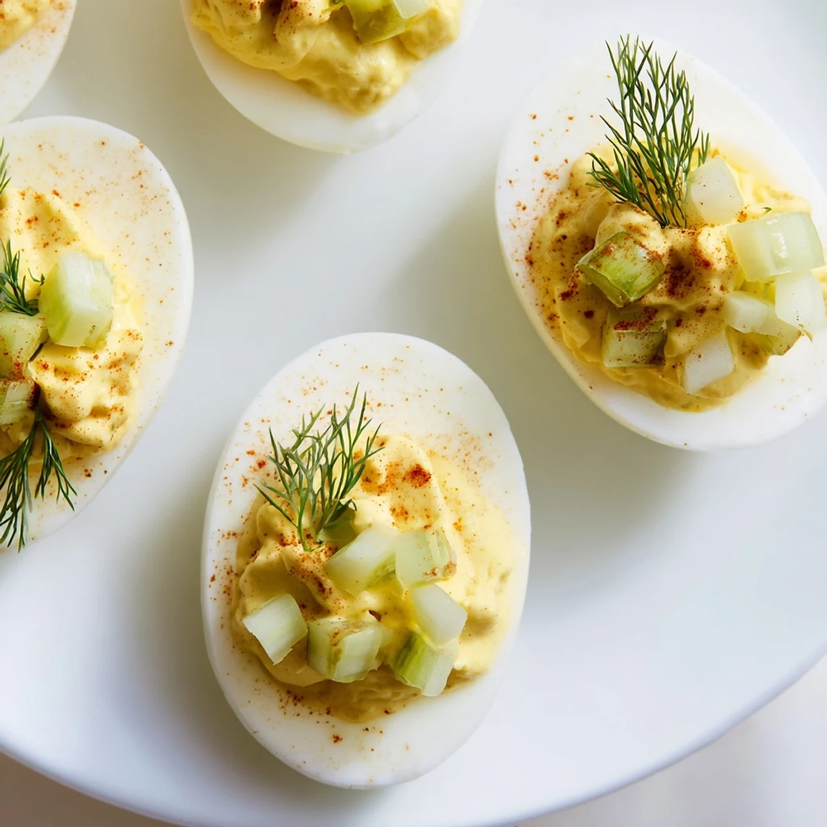 Creamy dill pickle deviled eggs, garnished with fresh dill—a classic appetizer for your next gathering.
