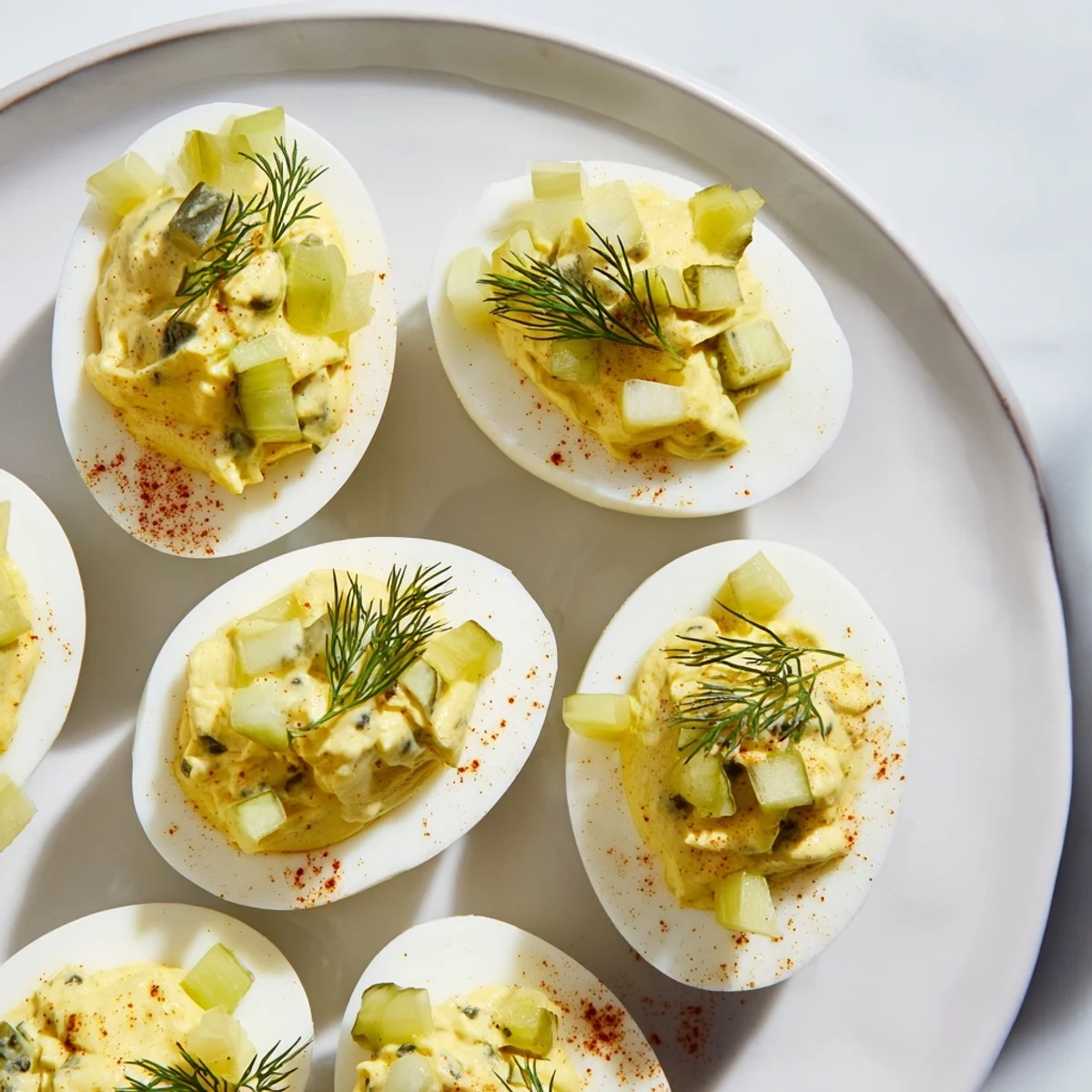 Bright, tangy dill pickle deviled eggs, a flavorful American recipe perfect for a party.