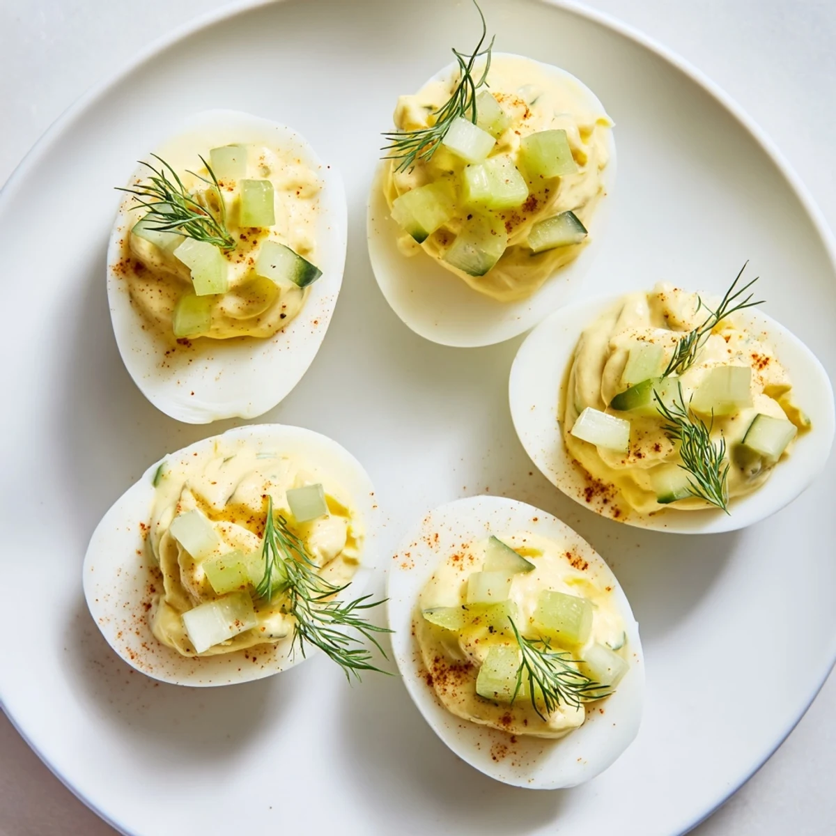 Close-up of chilled dill pickle deviled eggs, showcasing a simple, savory appetizer presentation.