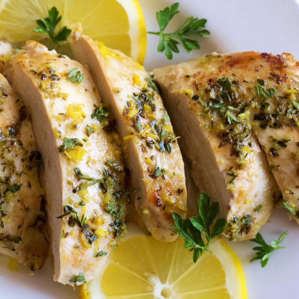 Juicy Greek Lemon Herb Chicken, garnished with fresh parsley and lemon wedges for a vibrant meal.