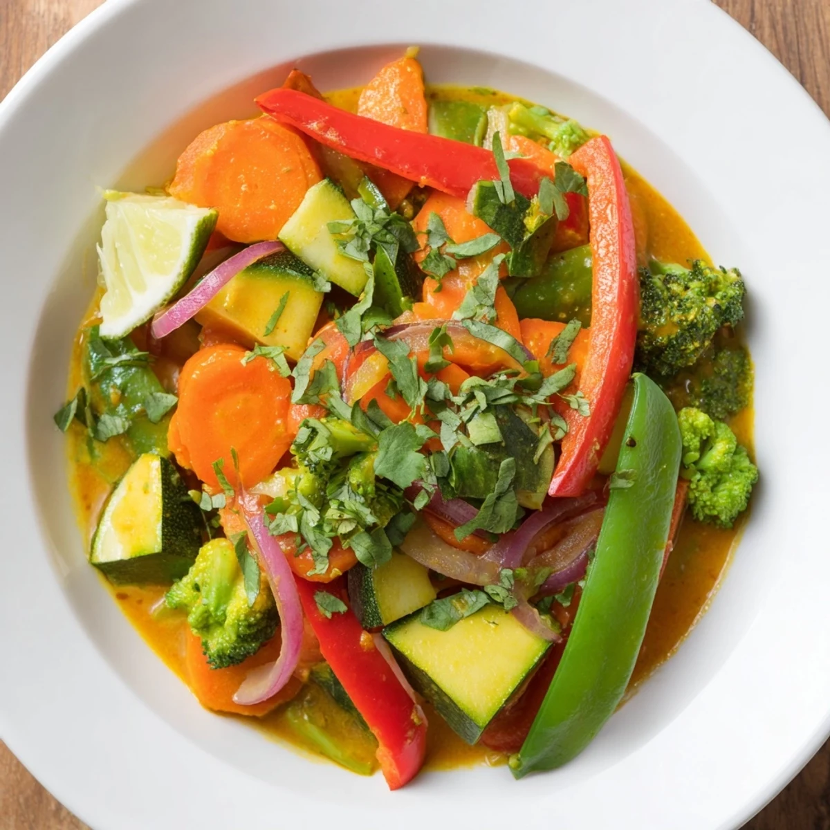 Steaming Coconut Curry Vegetables with vibrant colors and fresh cilantro for serving.