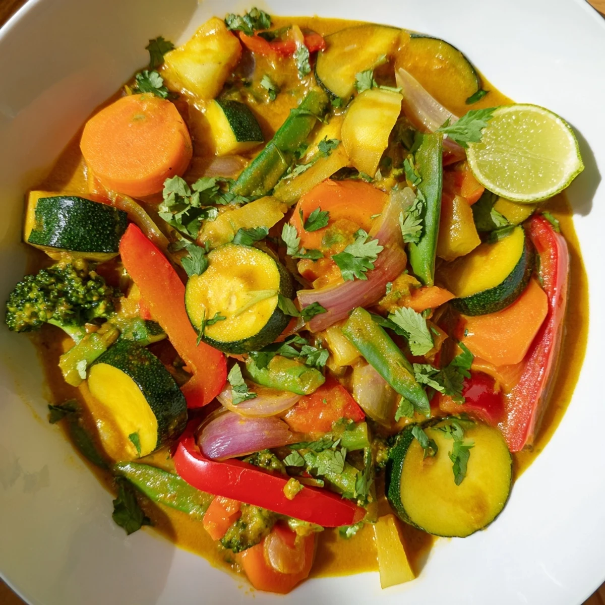 Flavorful, vegan Coconut Curry Vegetables, a beautiful medley of tender vegetables bathed in creamy coconut milk.