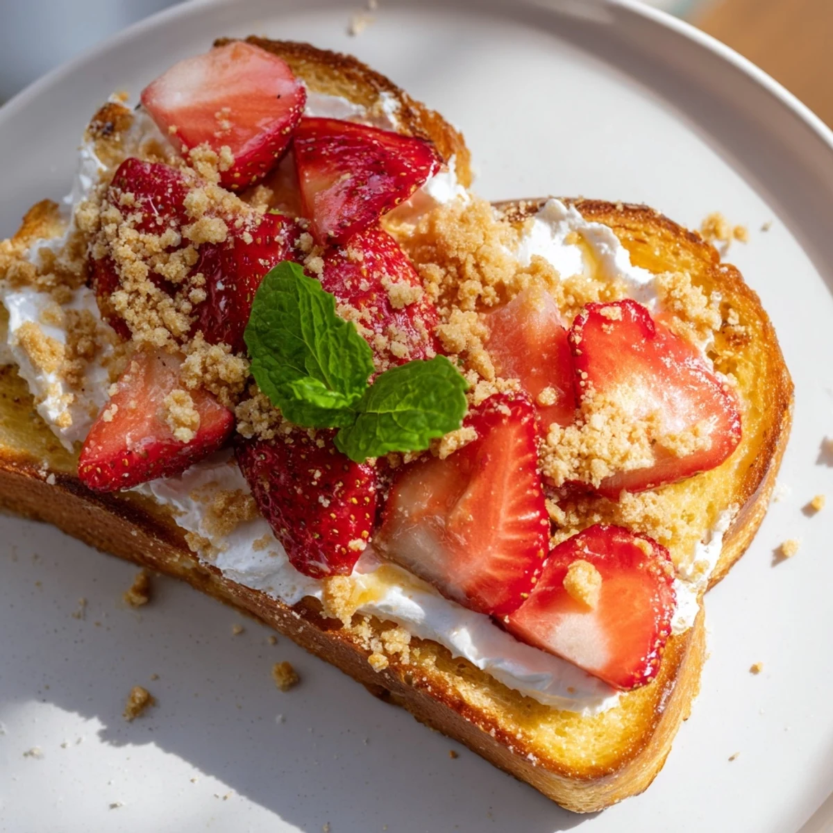 Enjoy a delicious plate of Strawberry Cheesecake Toast, a sweet and simple breakfast treat with fresh fruit.