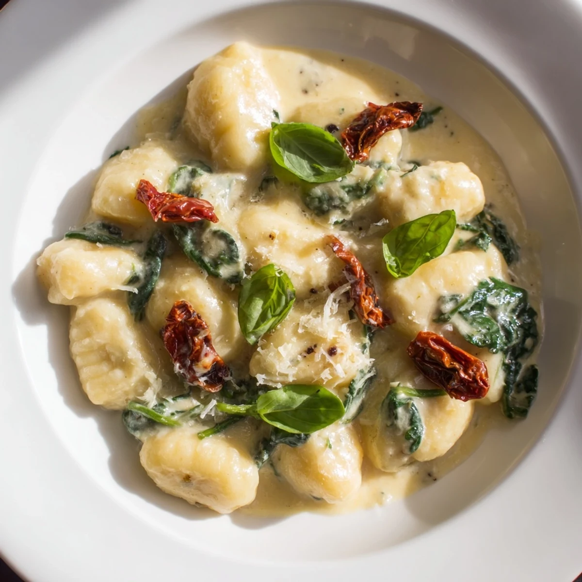 Creamy Tuscan Gnocchi sizzling in a skillet, showcasing the cheesy sauce and vibrant sun-dried tomatoes.