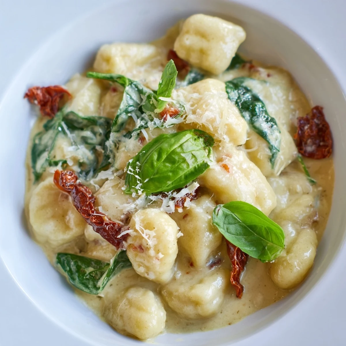 A delicious close-up of Creamy Tuscan Gnocchi, ready to be served and garnished with fresh basil.