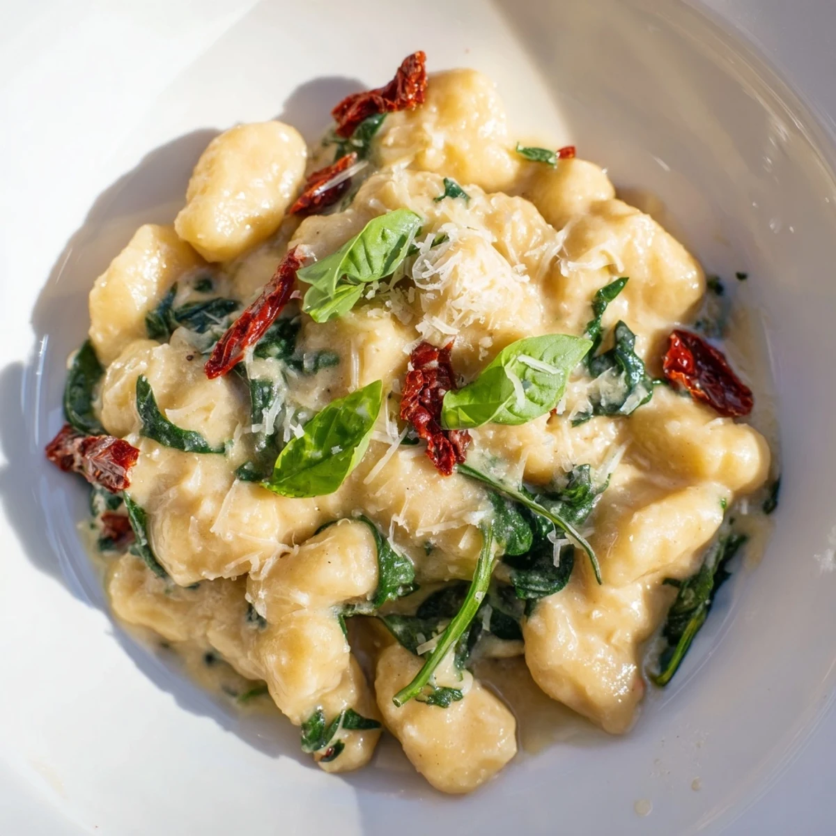 Pillowy potato gnocchi coated in a creamy sauce, making up this inviting Creamy Tuscan Gnocchi dish.