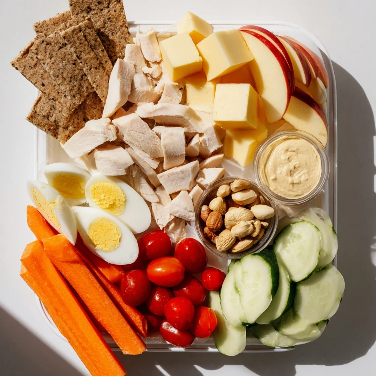 Protein snack boxes filled with colorful veggies, protein, cheese, and crunchy crackers; a perfect lunch.