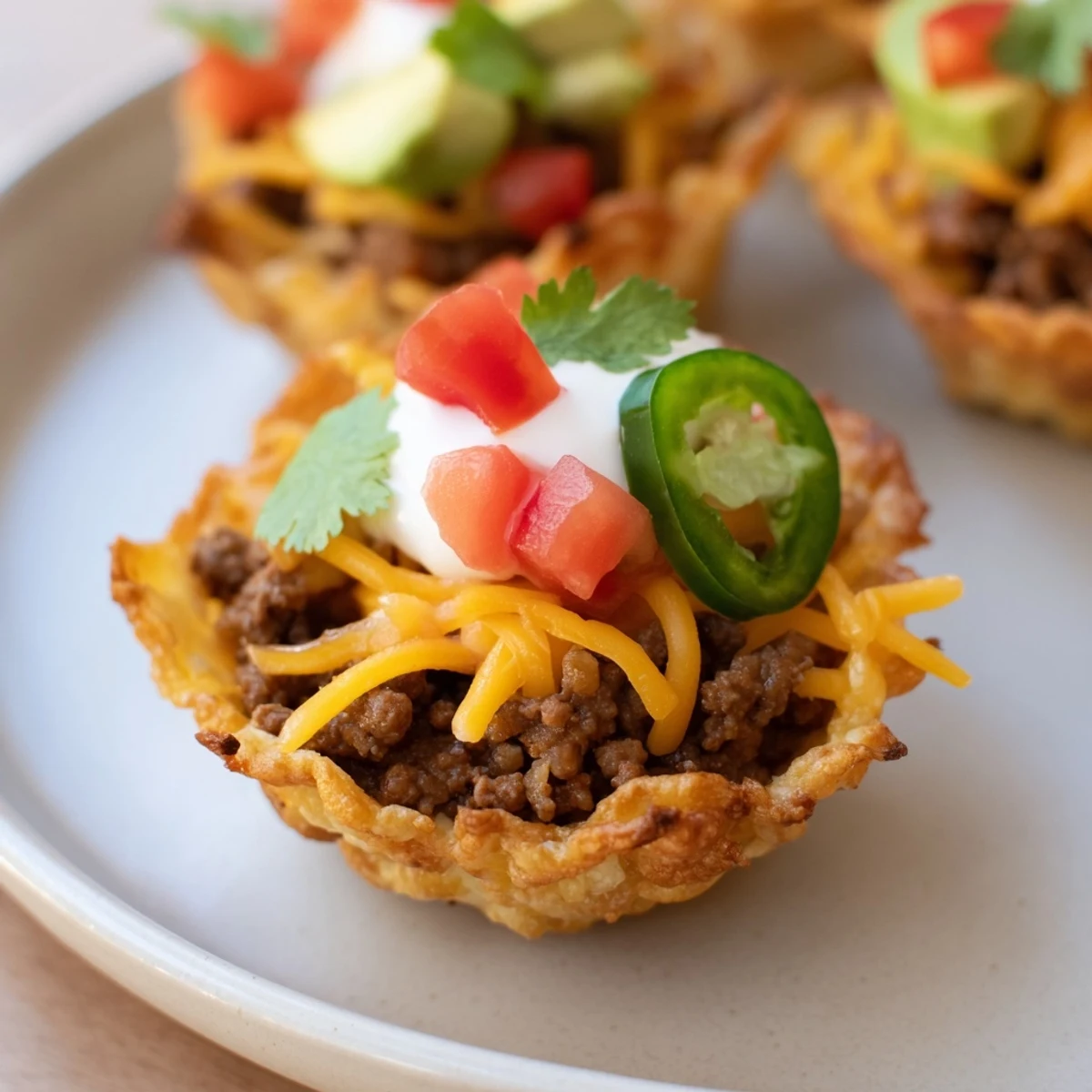 Mini Taco Cups filled with seasoned beef, melted cheese, and fresh toppings—a flavorful appetizer.