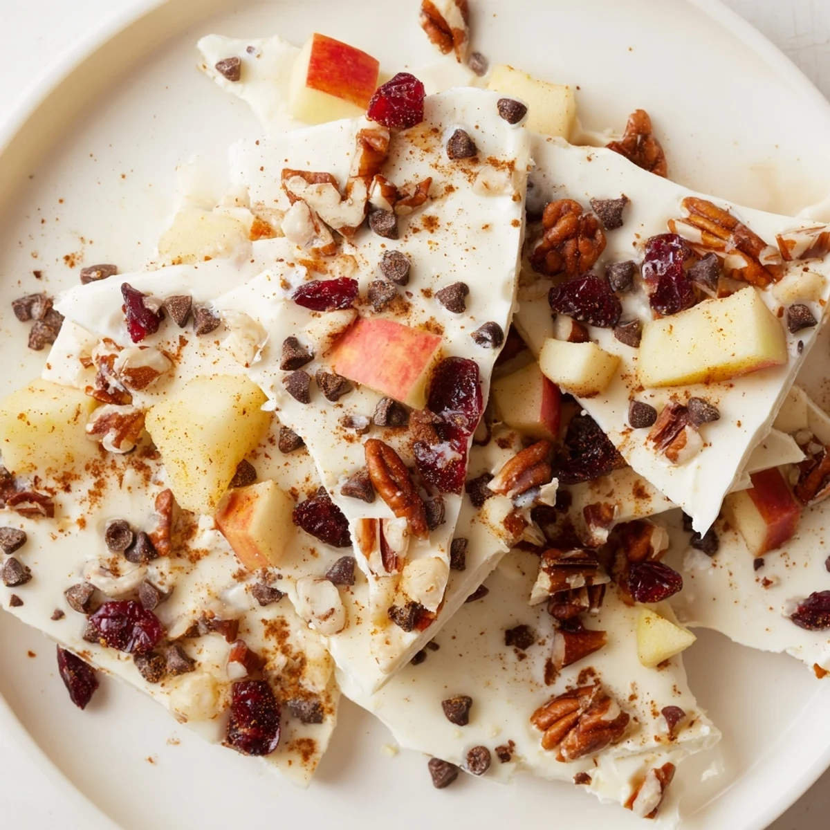Creamy Greek yogurt with apple and cinnamon transforms into delicious frozen Apple Cinnamon Yogurt Bark.