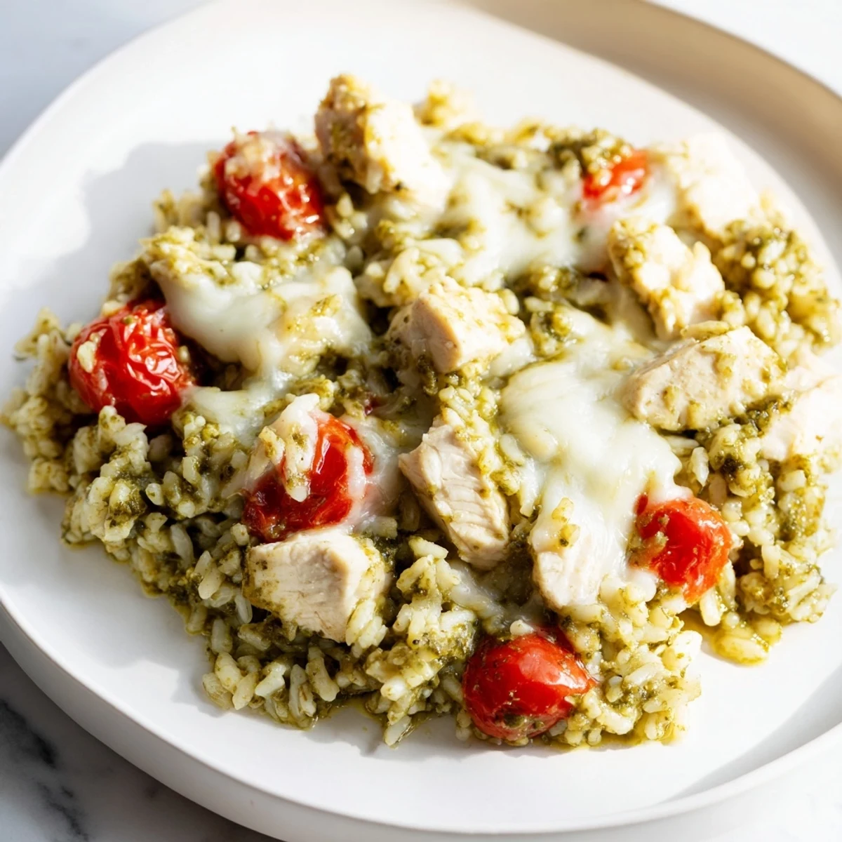 Golden-brown, bubbly Chicken Pesto Rice Bake with melted cheese and juicy cherry tomatoes.