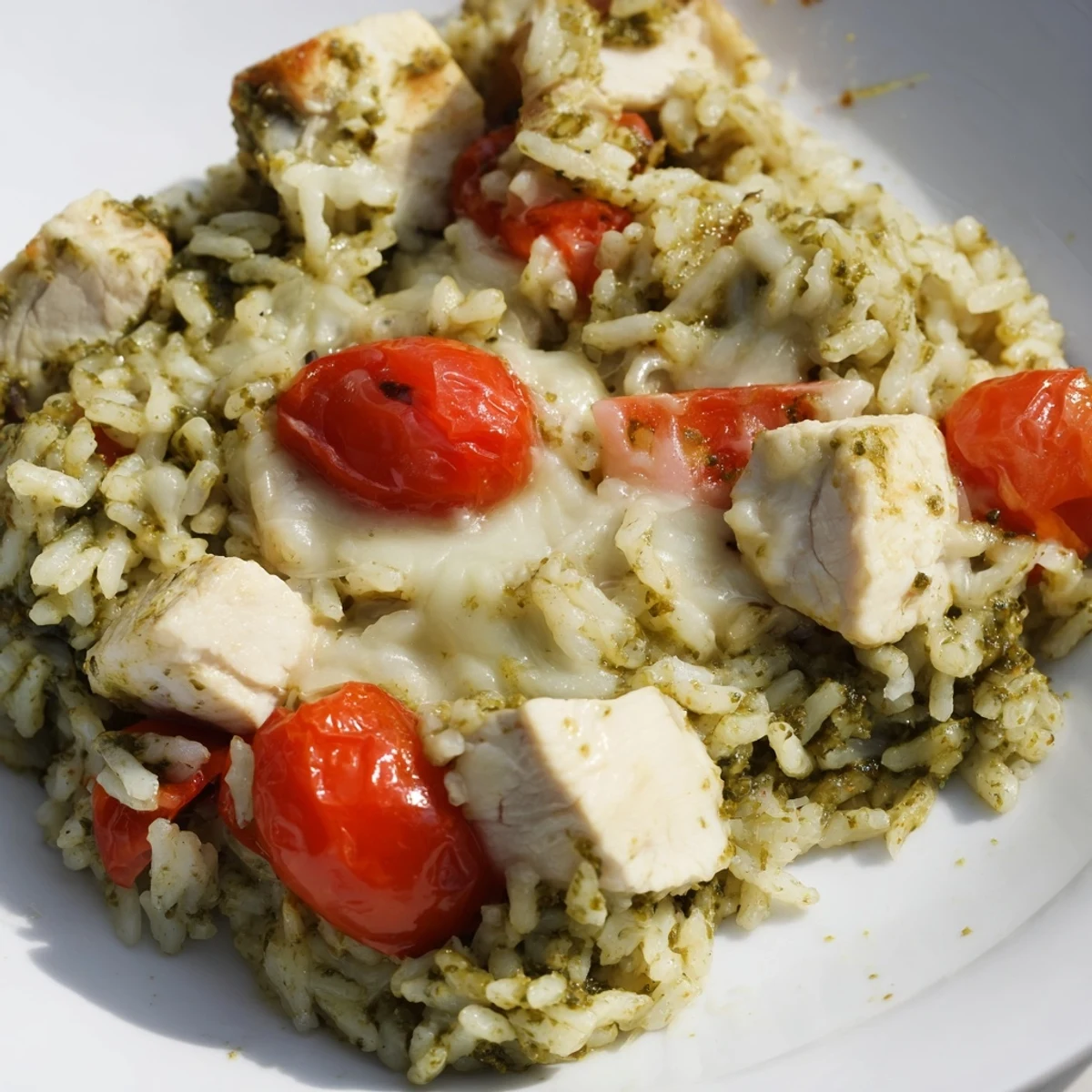 Steaming-hot, cheesy Chicken Pesto Rice Bake, ready to serve with a garnish of fresh basil.