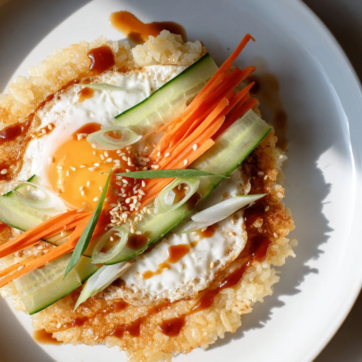 Golden, crispy egg rice bowl with a perfectly fried egg, vegetables, and savory sauce.