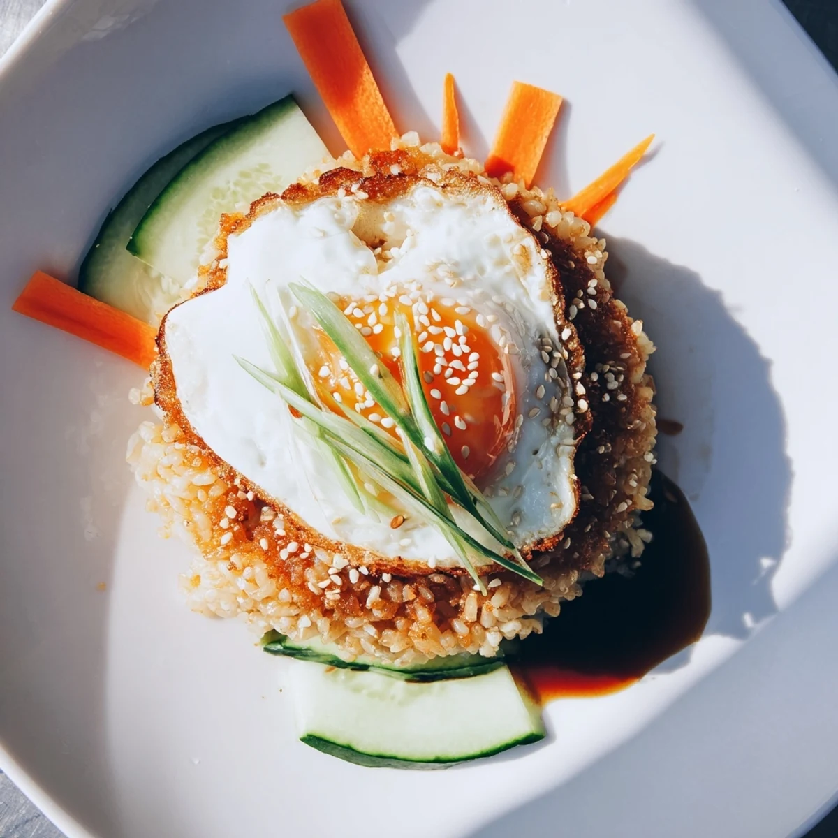 A close-up view of a delicious crispy egg rice bowl with fresh, colorful garnishes.