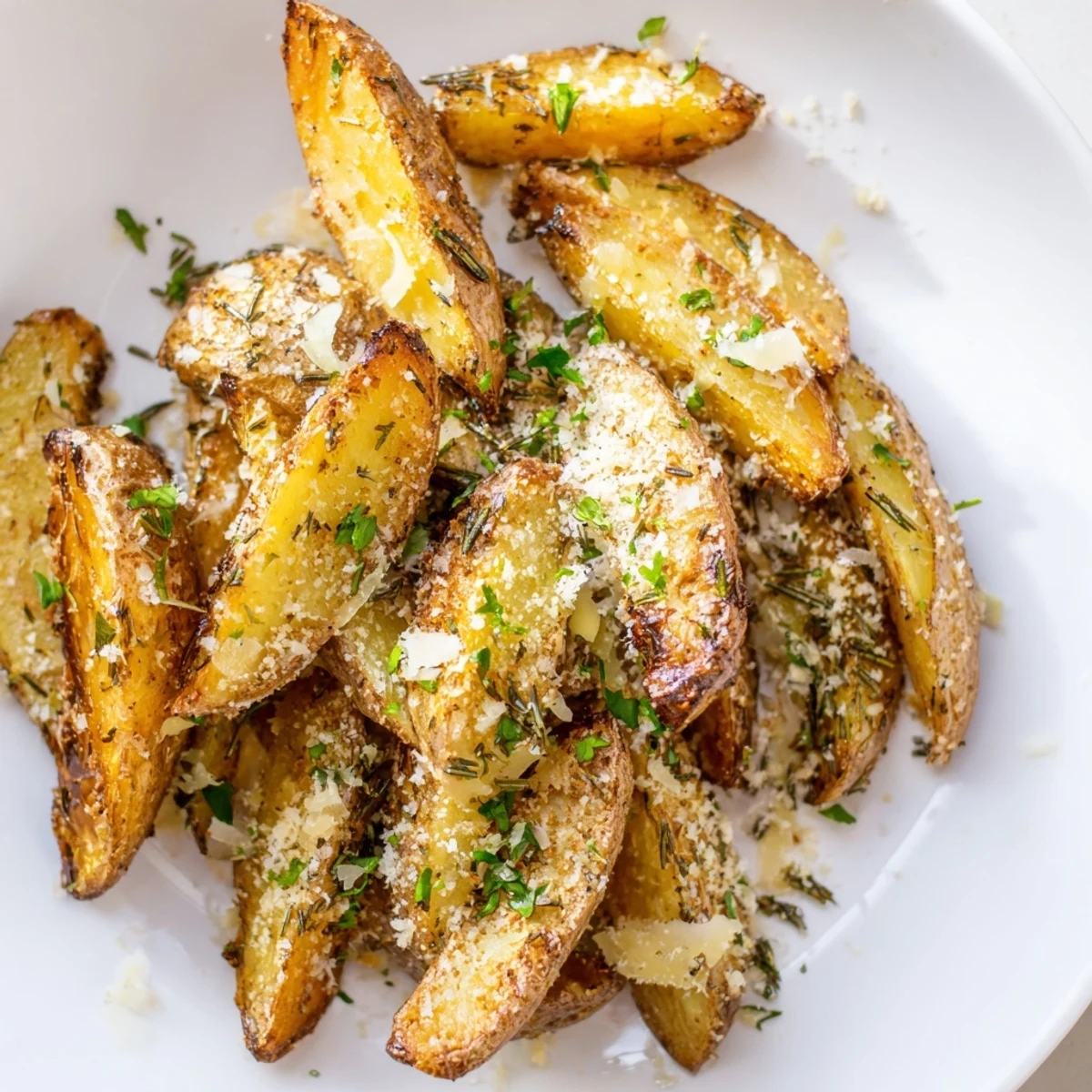 Hot Rosemary Parmesan Potato Wedges sprinkled with cheese, fresh from the oven, ready to serve.