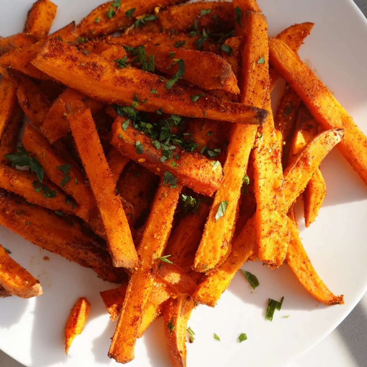 Air-fried Cajun spiced sweet potato fries, seasoned to perfection and piled on a serving plate.