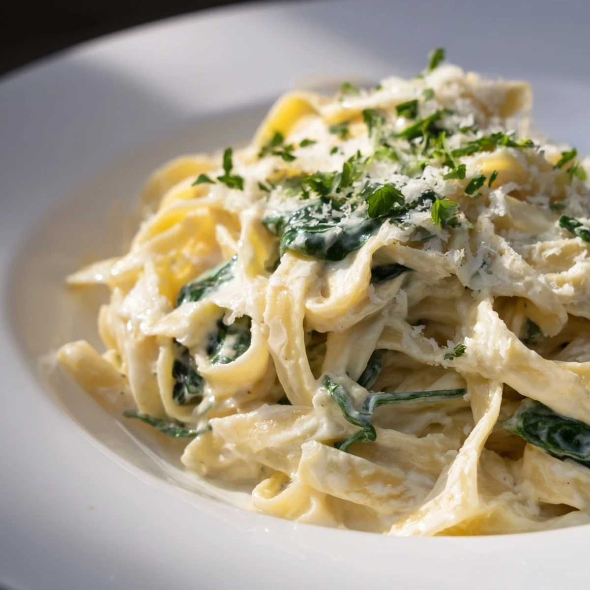 Vibrant spinach mixed with creamy fettuccine Alfredo, garnished with fresh parsley and Parmesan cheese.