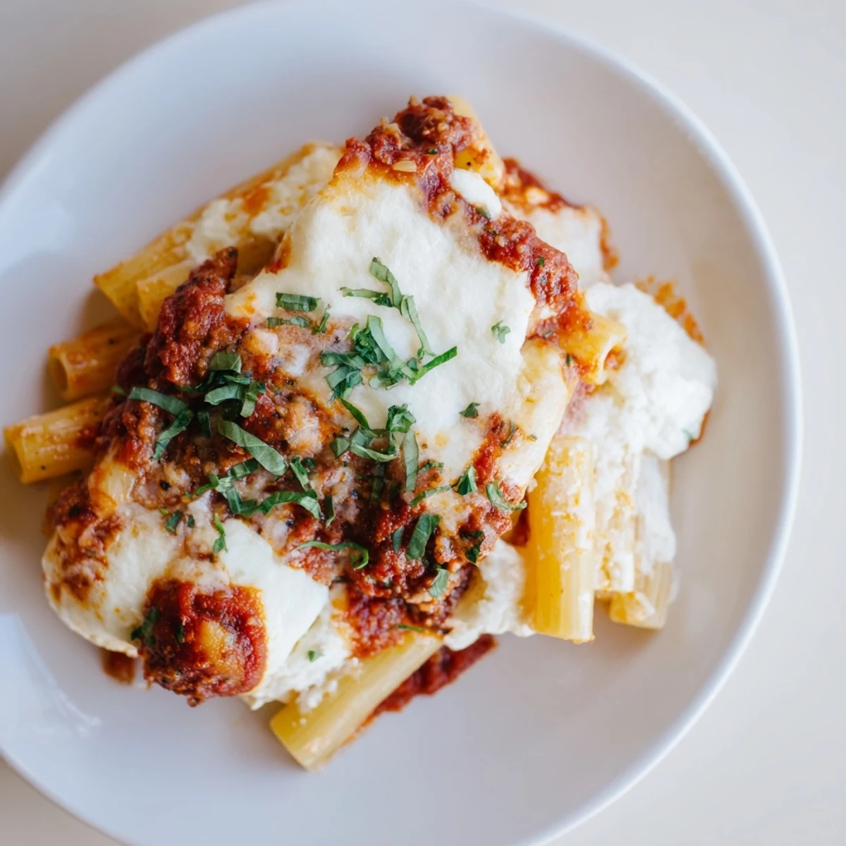 A close-up of cheesy, golden Cheesy Baked Ziti, fresh from the oven, ready to serve with garlic bread.