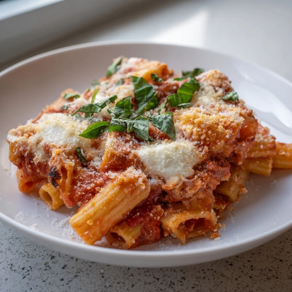 Golden and bubbly four cheese baked pasta, filled with melted cheeses and savory marinara sauce.