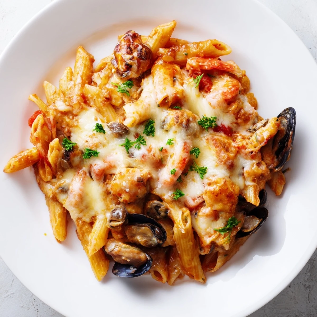 Golden, bubbly Seafood Pasta Bake with a generous topping of melted mozzarella cheese and herbs.