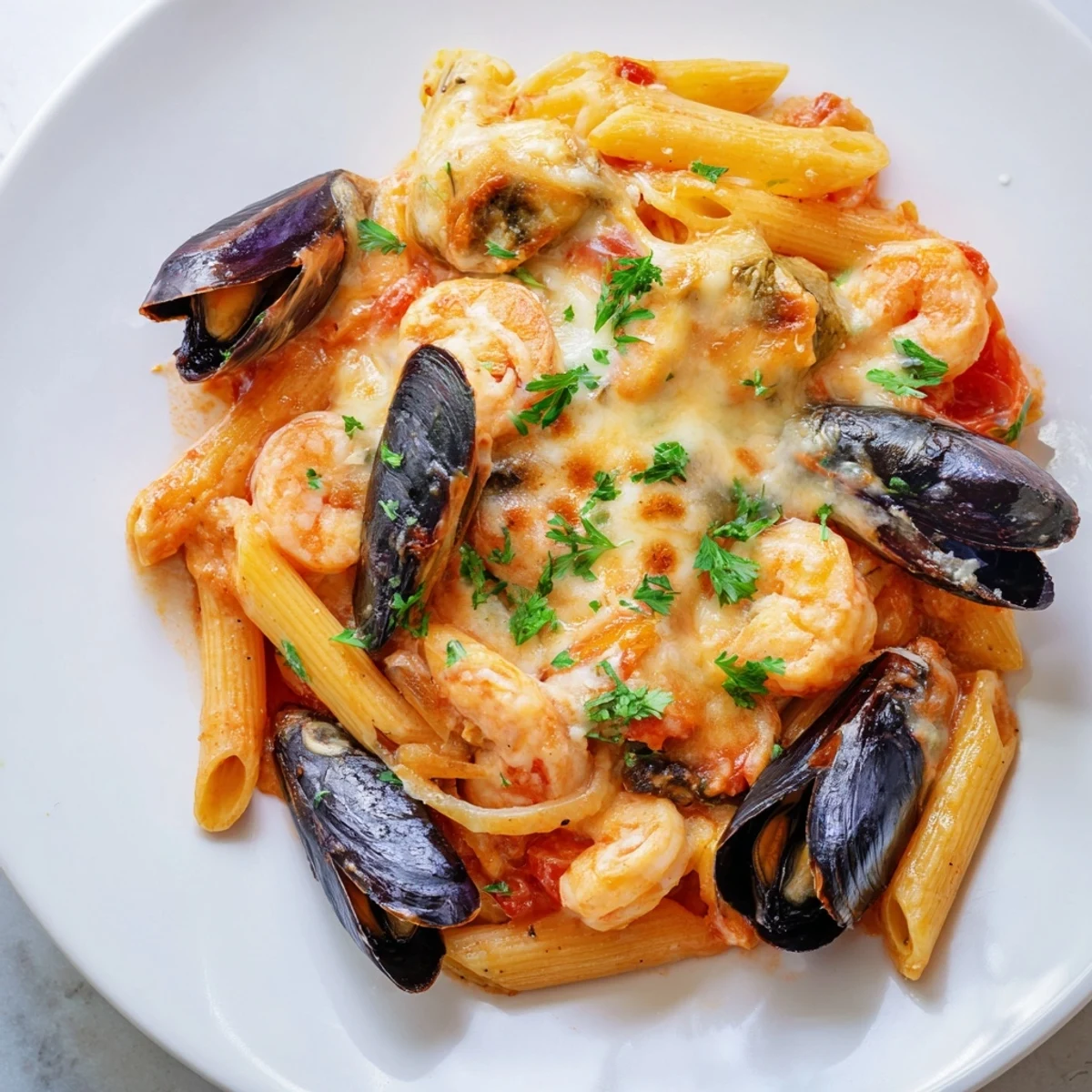 A steaming bowl of creamy Seafood Pasta Bake, ready to serve with Parmesan and fresh parsley.