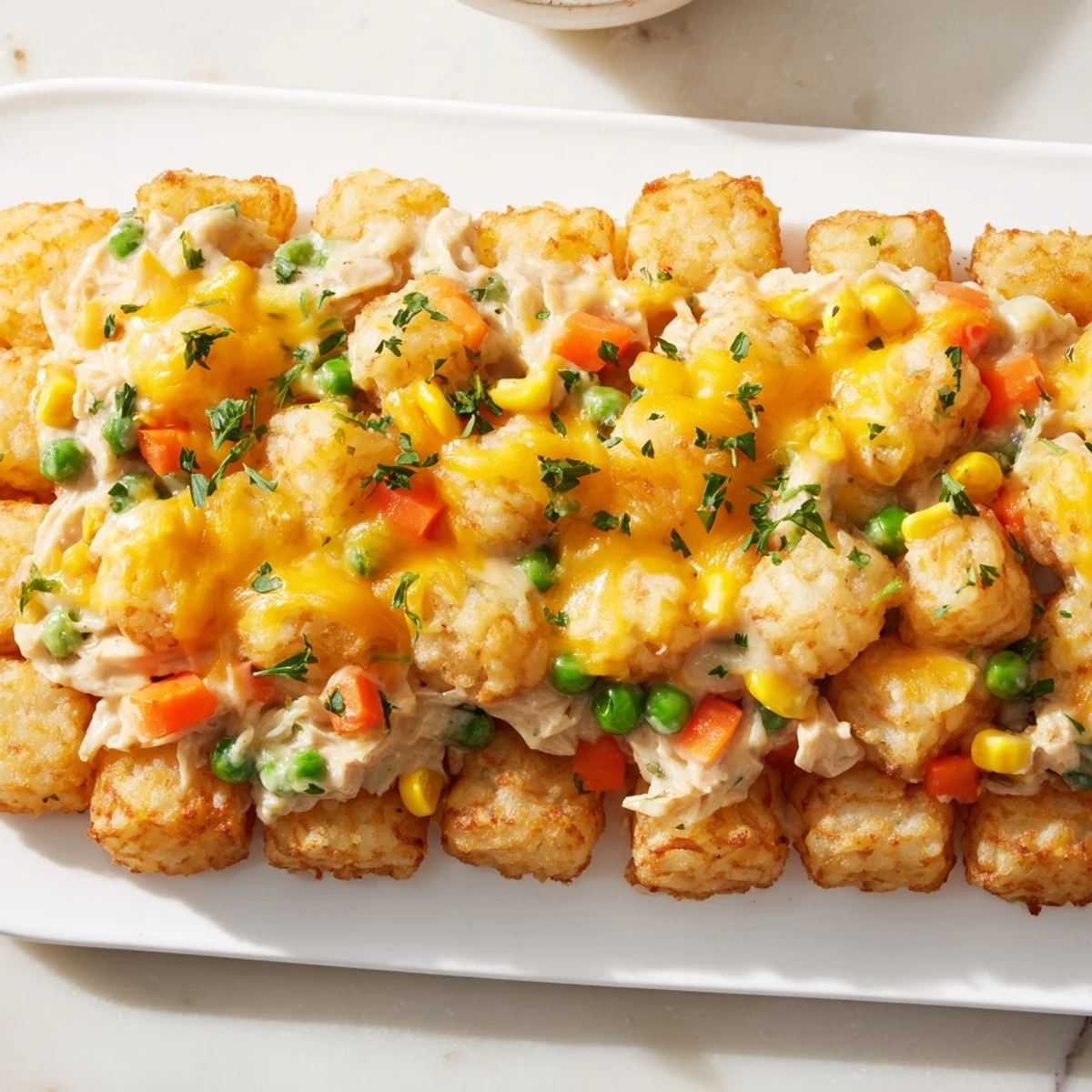 Golden, crispy tater tots crown the creamy chicken and veggie filling in this savory Tater Tot Casserole.