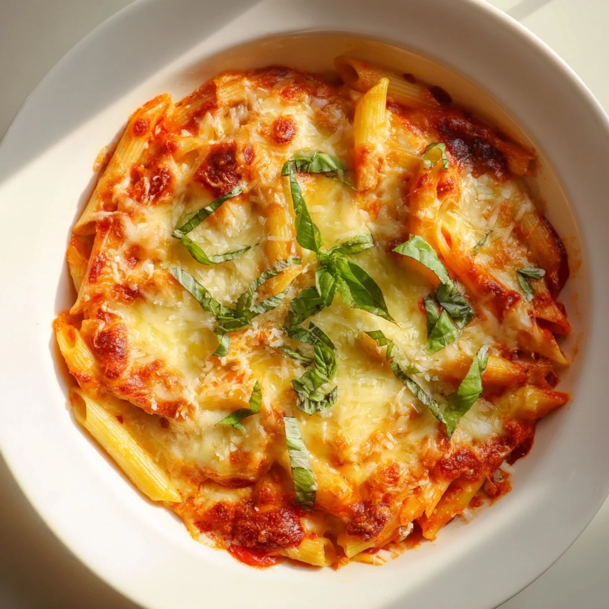 Golden, bubbling Baked Penne Arrabbiata, a vegetarian Italian comfort dish, enticingly presented in a baking dish.