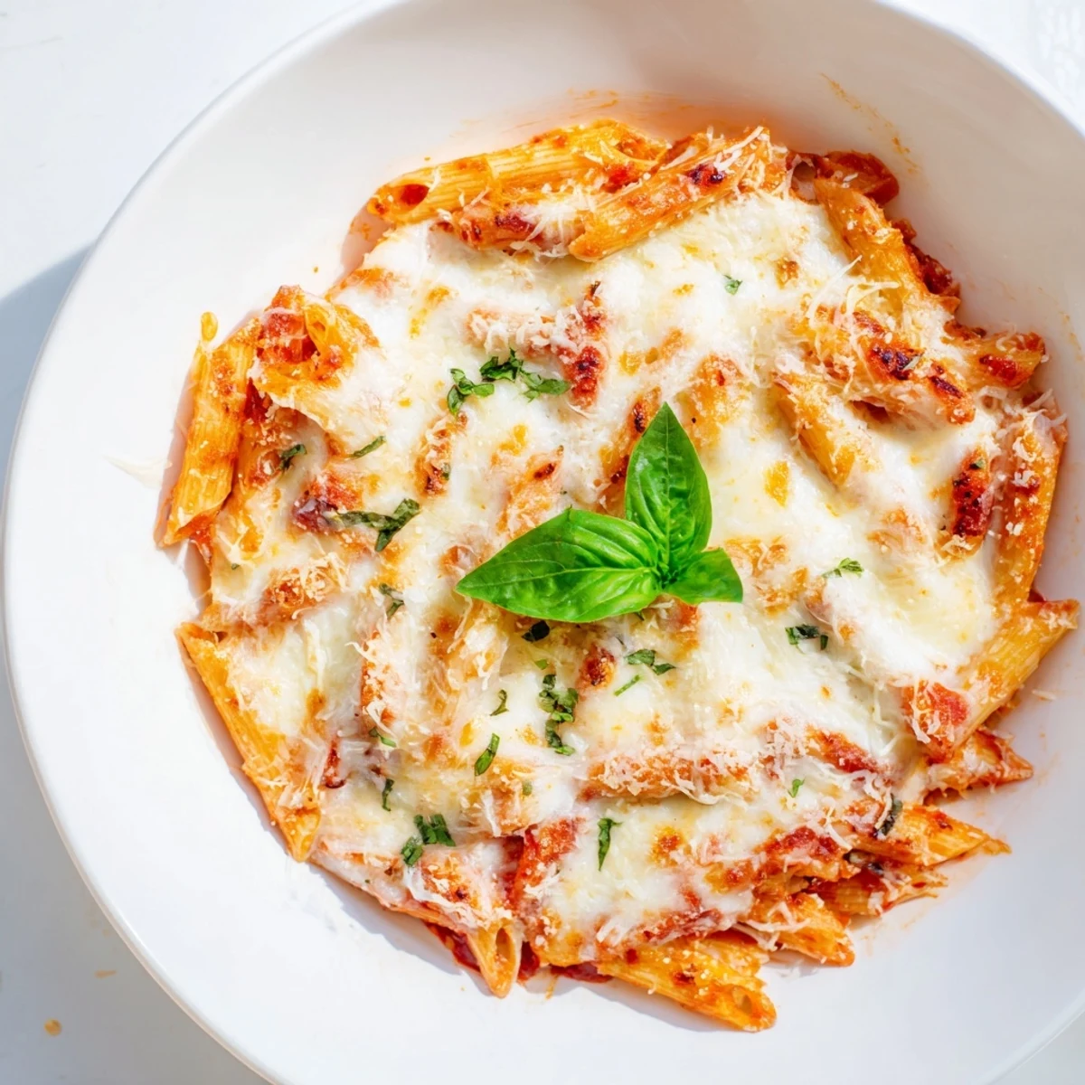 Close-up of baked penne arrabbiata: Spicy tomato sauce and melted Parmesan cheese create a flavorful pasta bake.