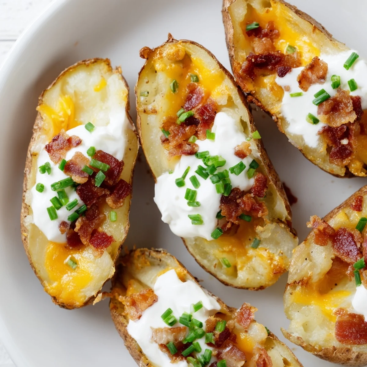 Crispy, oven-baked Loaded Baked Potato Skins with melted cheddar and bacon, a fantastic appetizer.