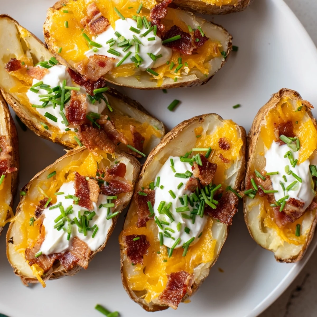 Golden, cheesy Loaded Baked Potato Skins, topped with bacon and sour cream, ready to enjoy.