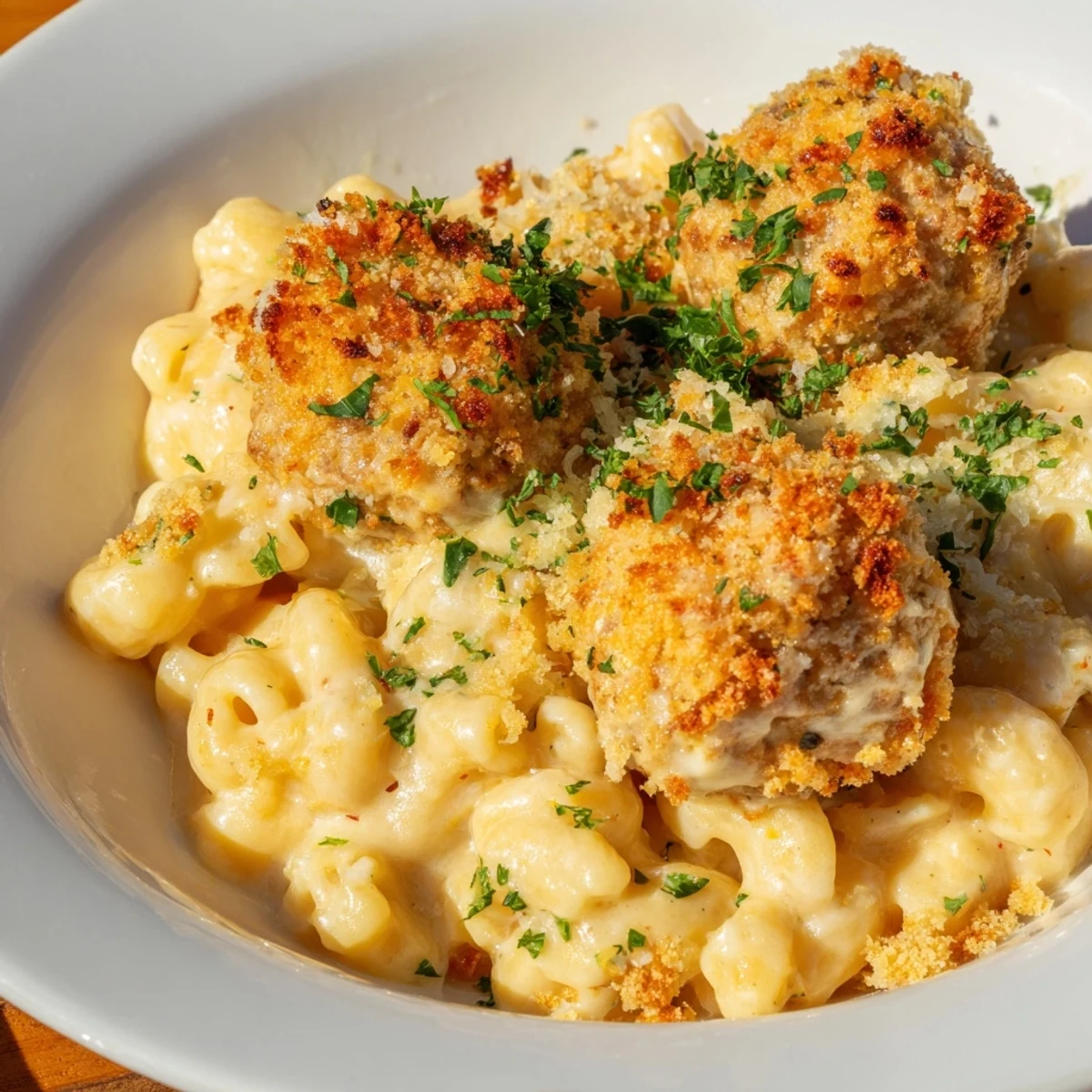 A close-up of a steaming Mac & Cheese Meatball Bake, revealing layers of creamy cheese and pasta.