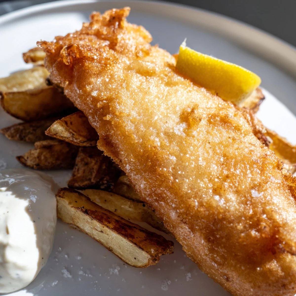 Golden, crispy British Fish & Chips, perfectly battered fish fillets served with thick, salted chips.