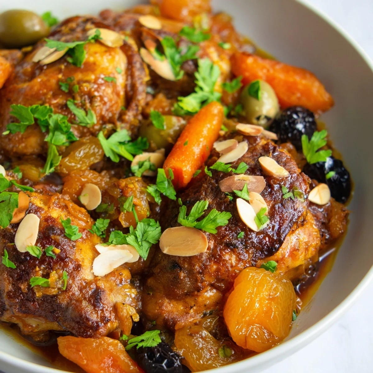This warm photo showcases a delicious Moroccan Tagine Chicken, ready to be served over fluffy couscous or rice.