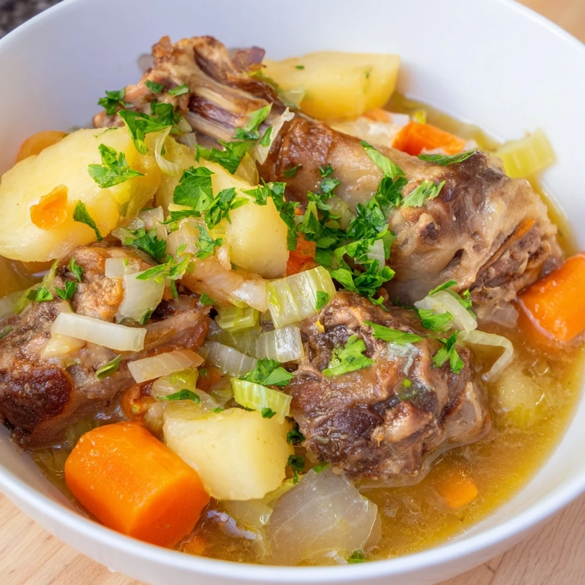 Simmering Welsh Cawl stew: Hearty lamb and root vegetables await in this comforting main dish.