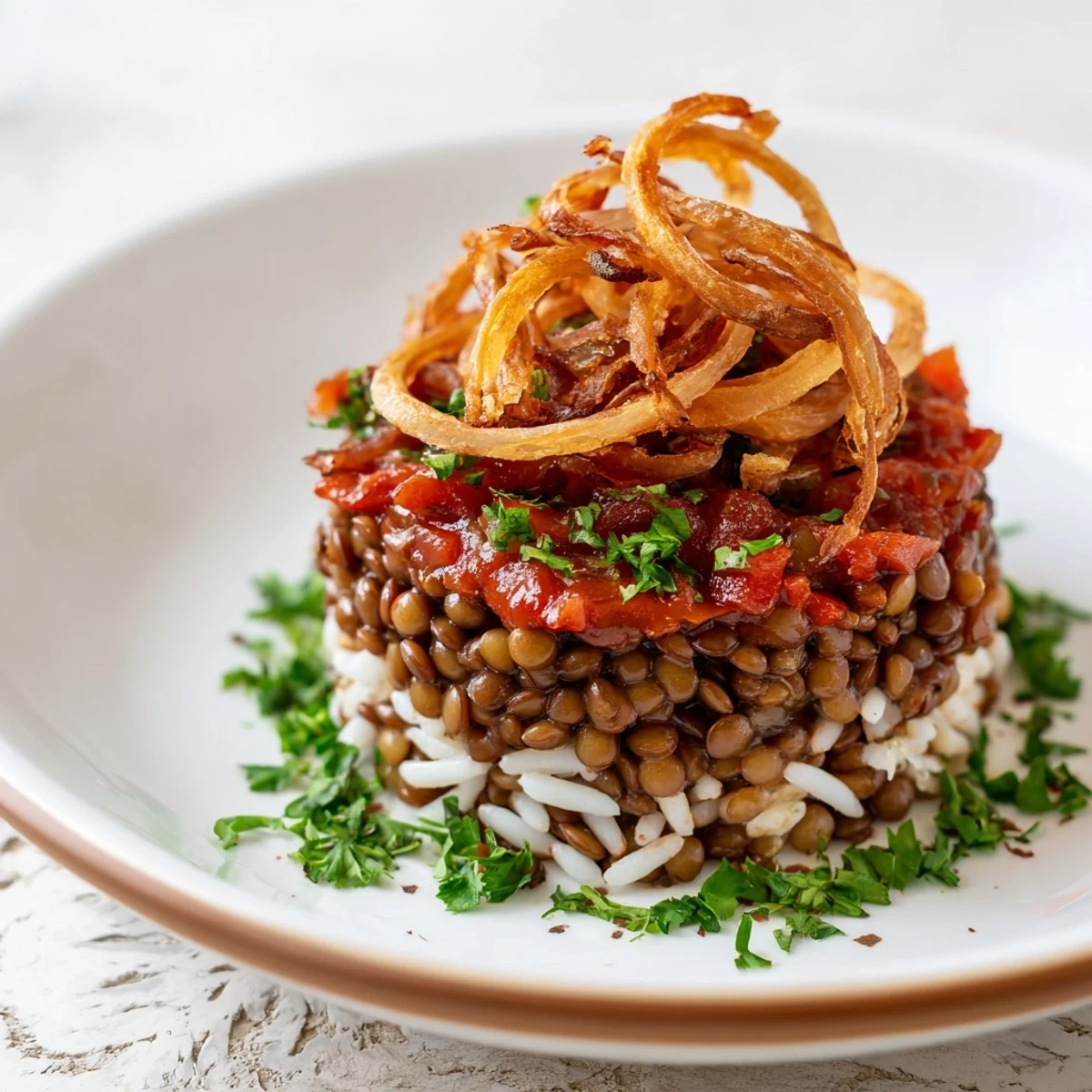 Golden, crispy fried onions top a flavorful bowl of Egyptian Koshari, a hearty vegetarian meal.
