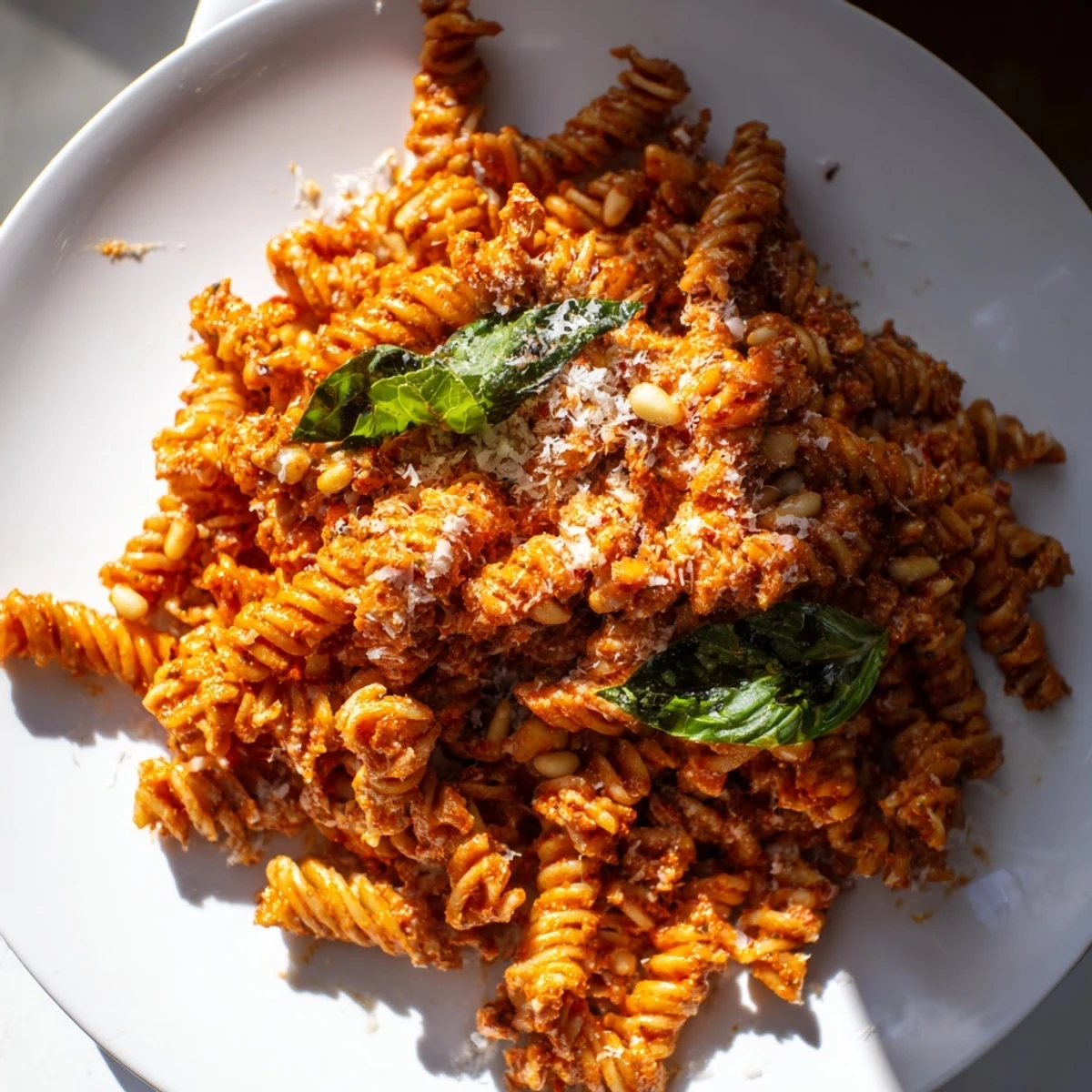 A food processor blends sun-dried tomatoes, nuts, and basil into a vibrant pesto for this Sun-Dried Tomato Pesto Pasta.