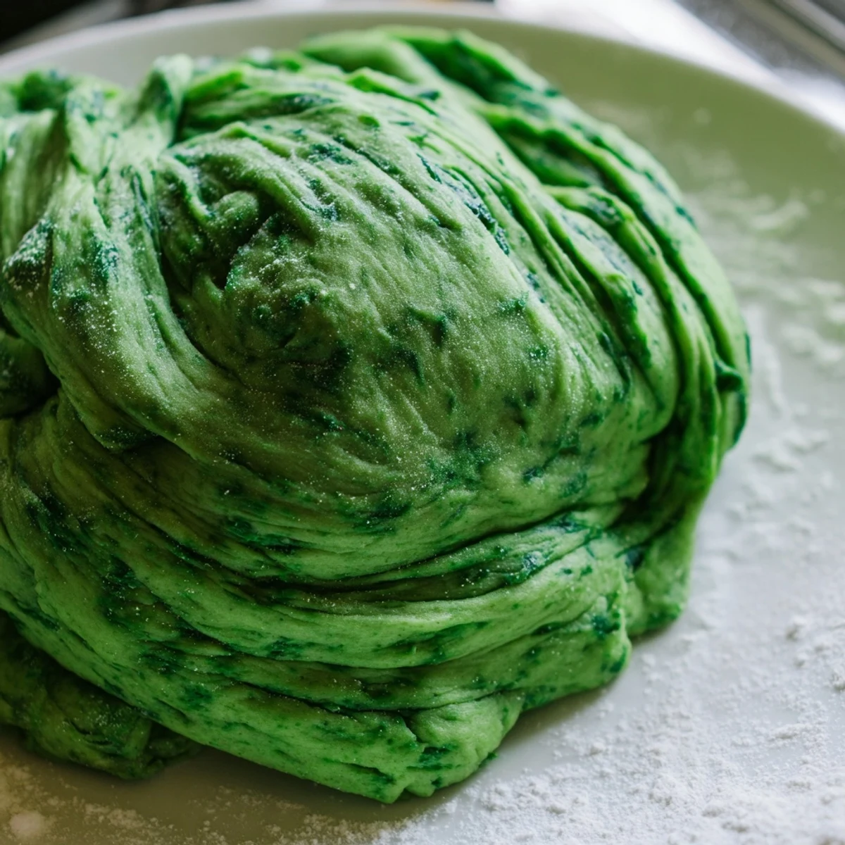 Vibrant green spinach pasta dough, ready for rolling, showcasing its rich, homemade texture and fresh color for Italian recipes.