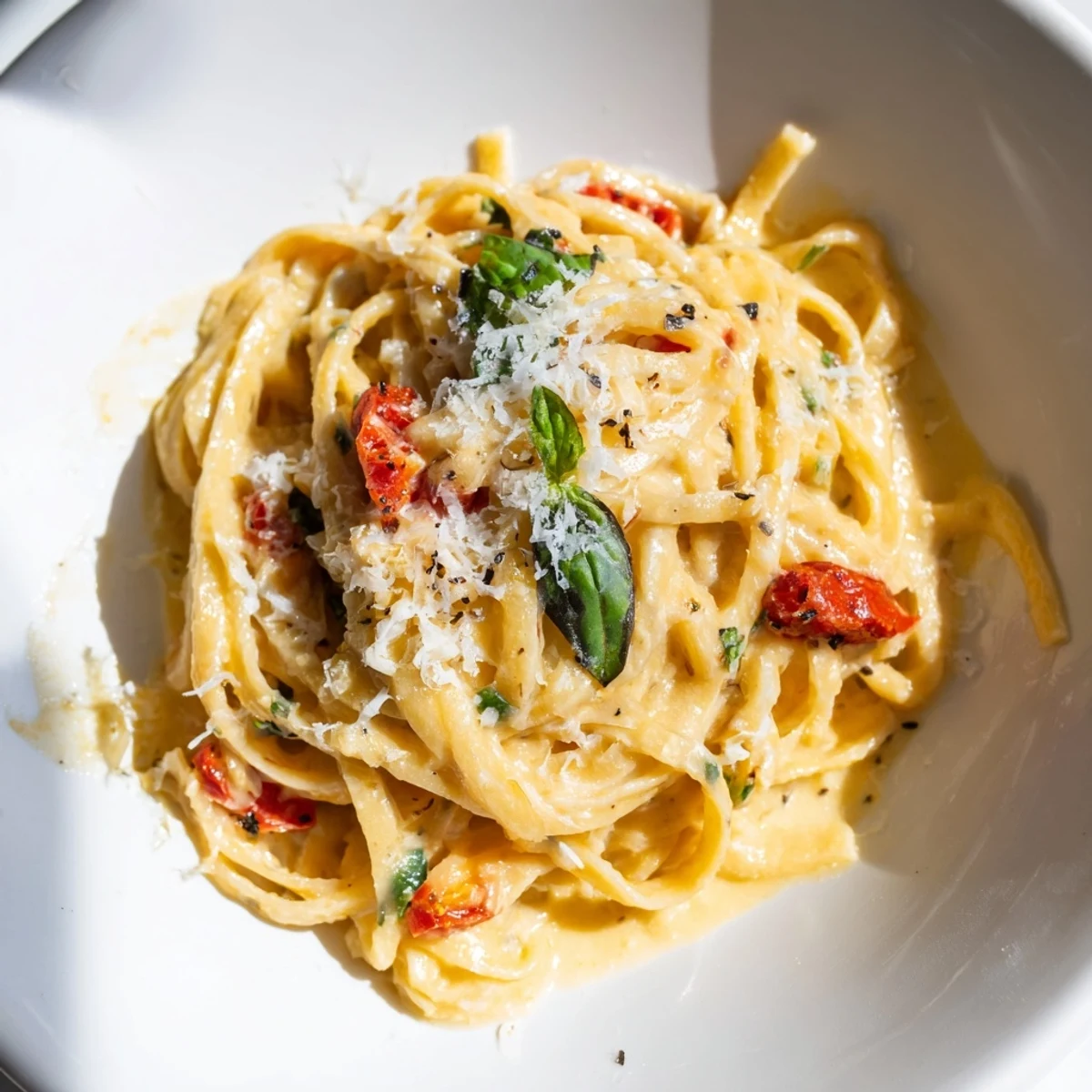 Homemade Roasted Garlic Pasta Sauce served in a white bowl with a drizzle of olive oil and crusty bread on the side.