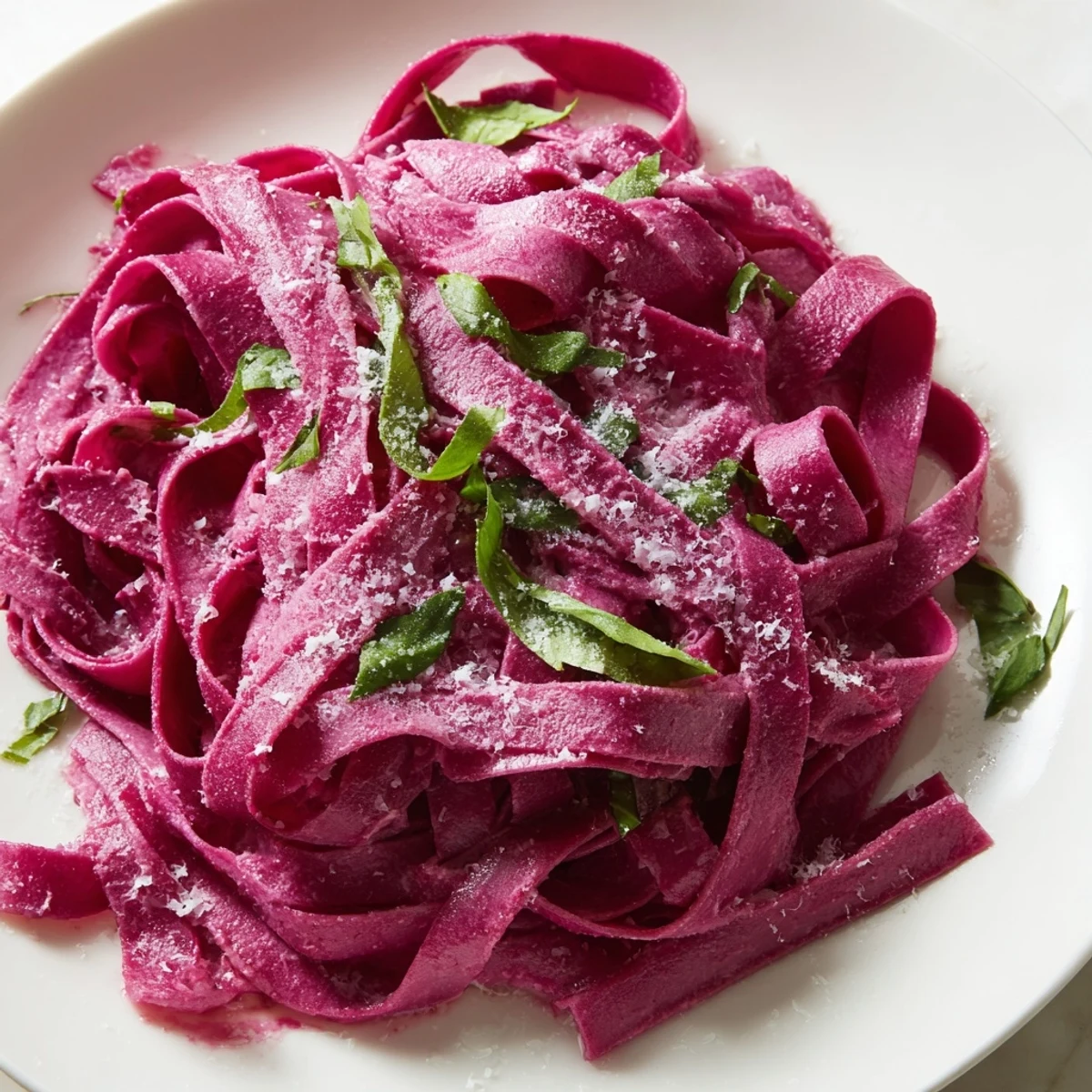 Freshly cooked beet noodle pasta tossed with butter and parsley, showcasing a vibrant magenta color and al dente texture.