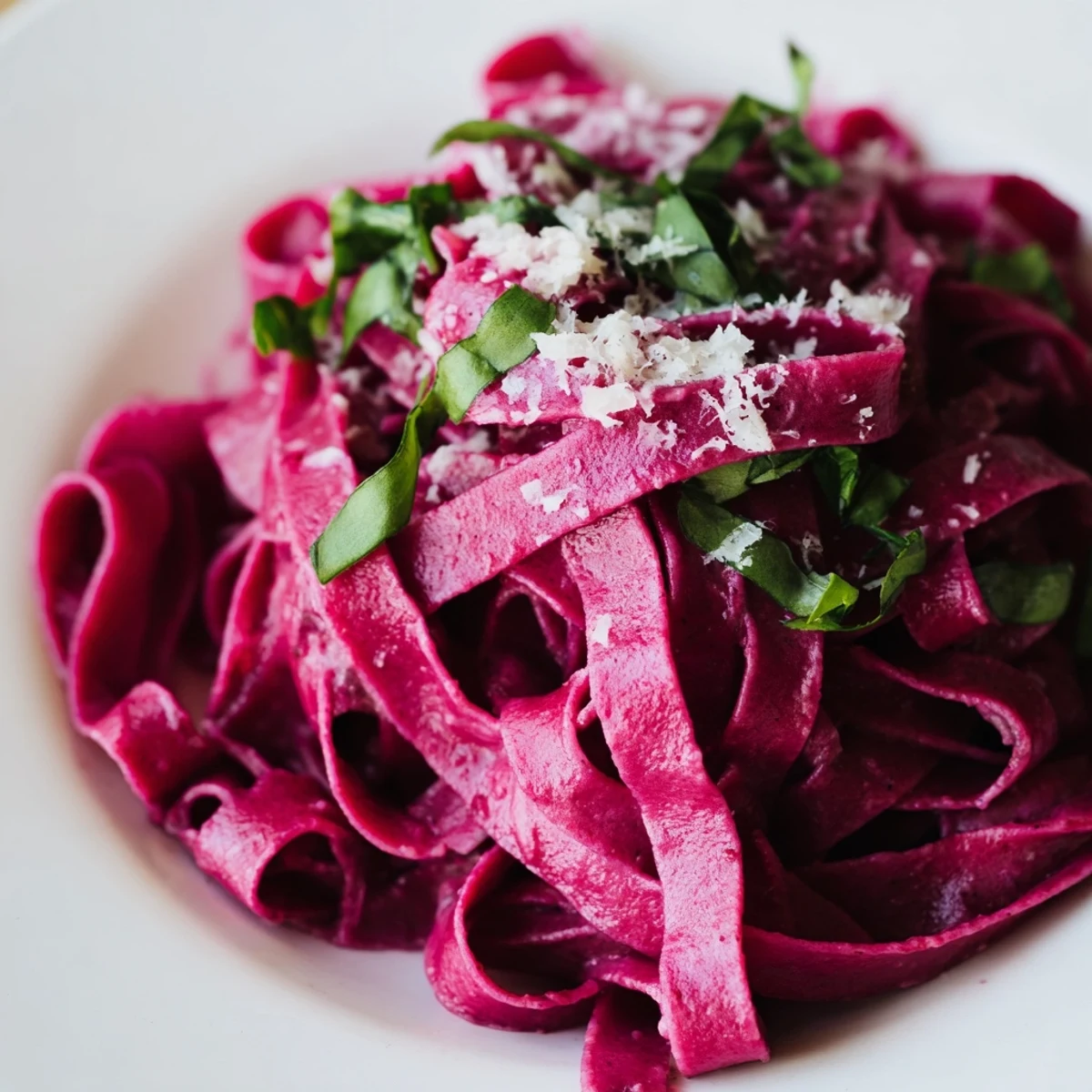 Sliced beet noodle pasta plated with grated Parmesan and basil, highlighting the homemade pasta’s rich, earthy pink hue.