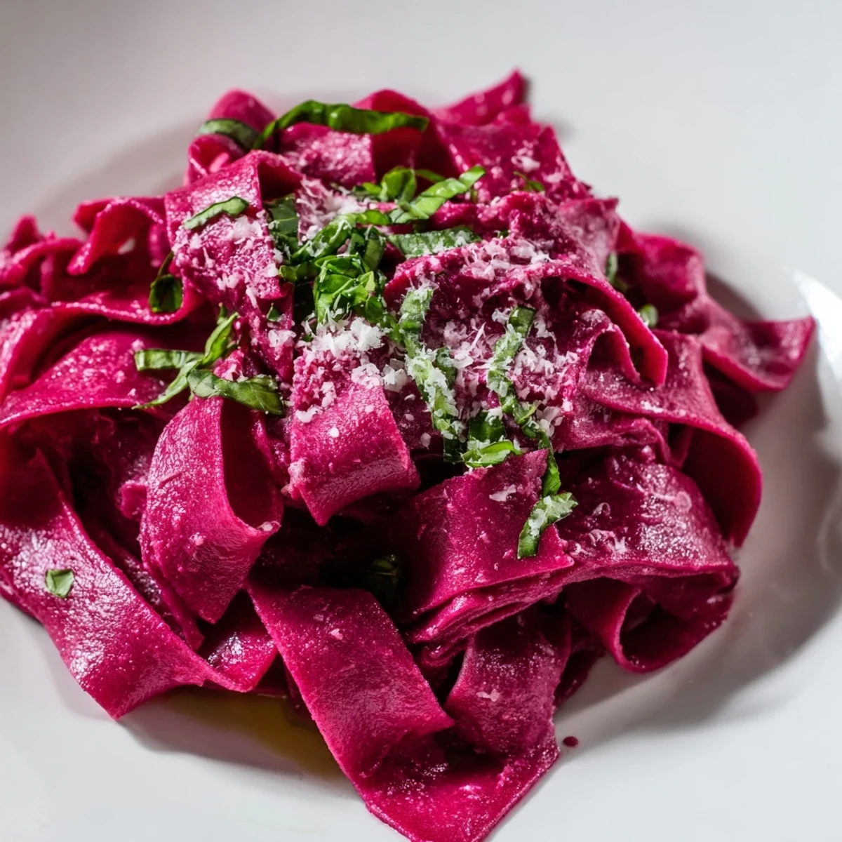 Tender beet noodle pasta served on a rustic wooden table, garnished with herbs for a colorful, vegetarian main dish.