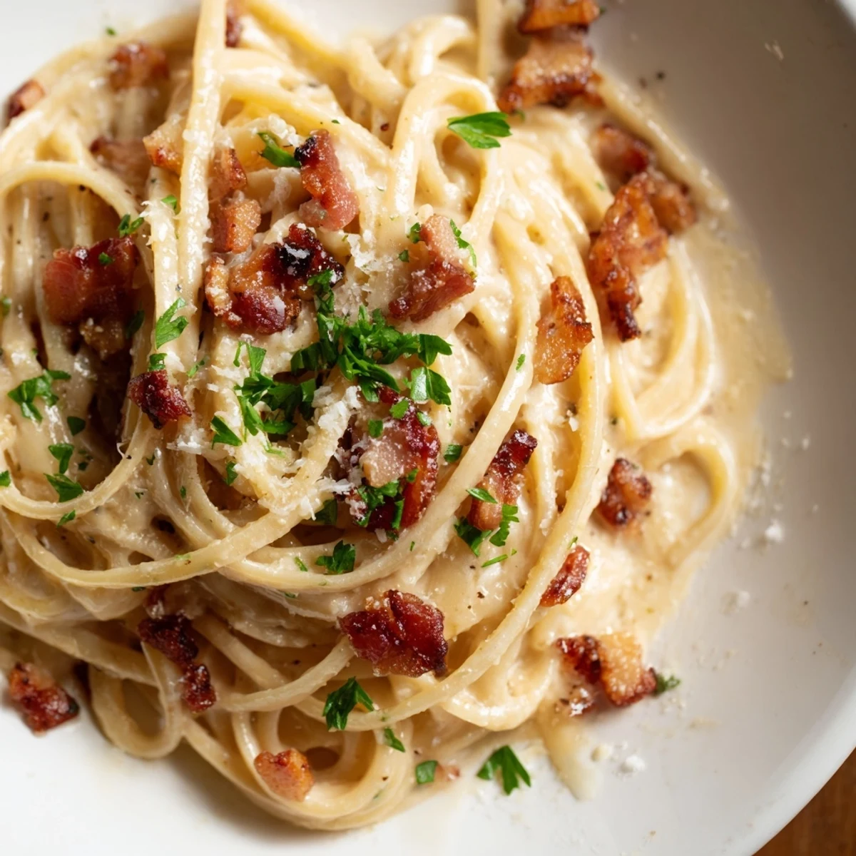 Crispy Bacon Linguine is plated on a white dish, showcasing golden, crispy bacon bits nestled in glossy linguine strands.