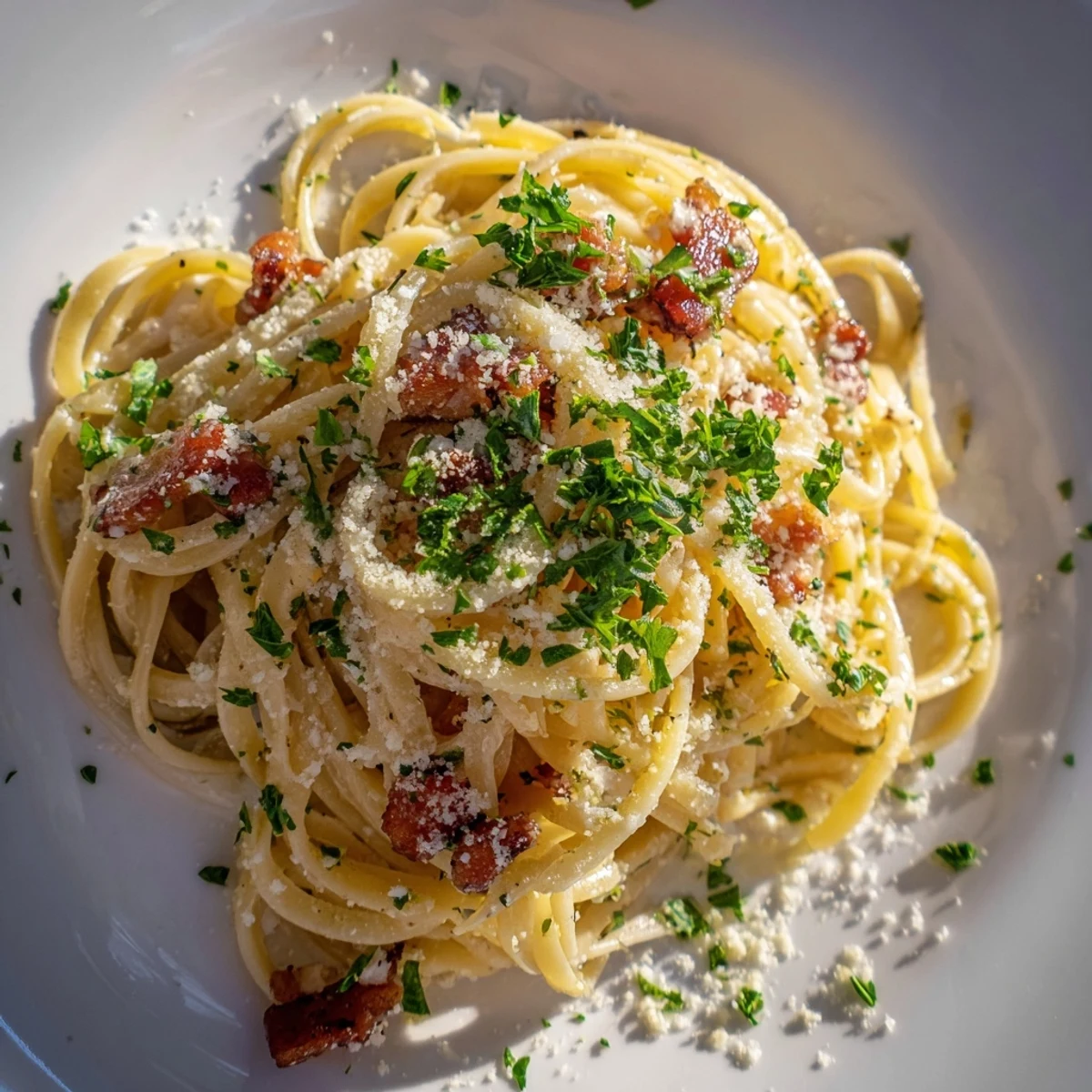 A close-up of Crispy Bacon Linguine features a fork lifting creamy, silky pasta coated in a savory bacon and garlic sauce.