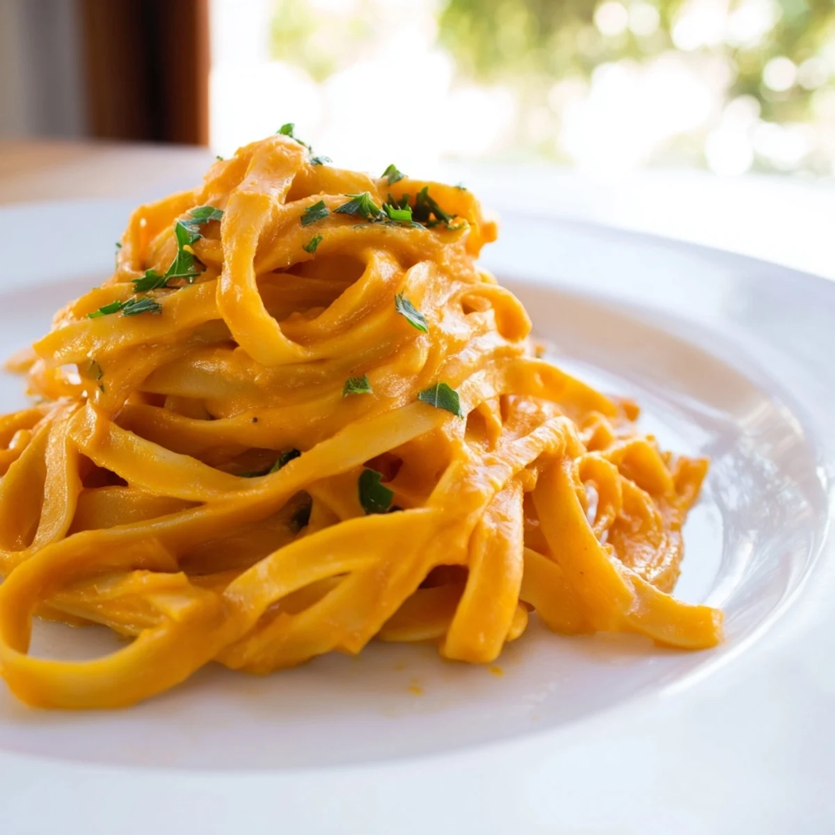 A vibrant plate of butternut squash pasta, topped with grated Parmesan and fresh sage for a cozy meal.